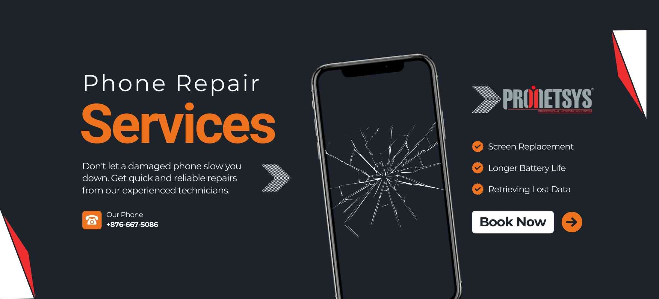Phone repair services — screen replacement, battery, data recovery